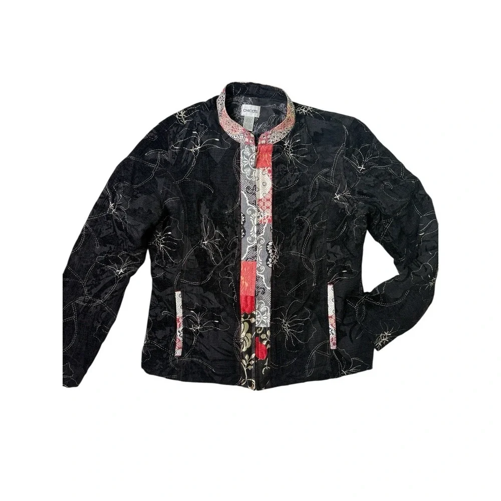 Chicos Full Zip Jacket Floral Silk Linen Artsy Patchwork Size 1 Medium
